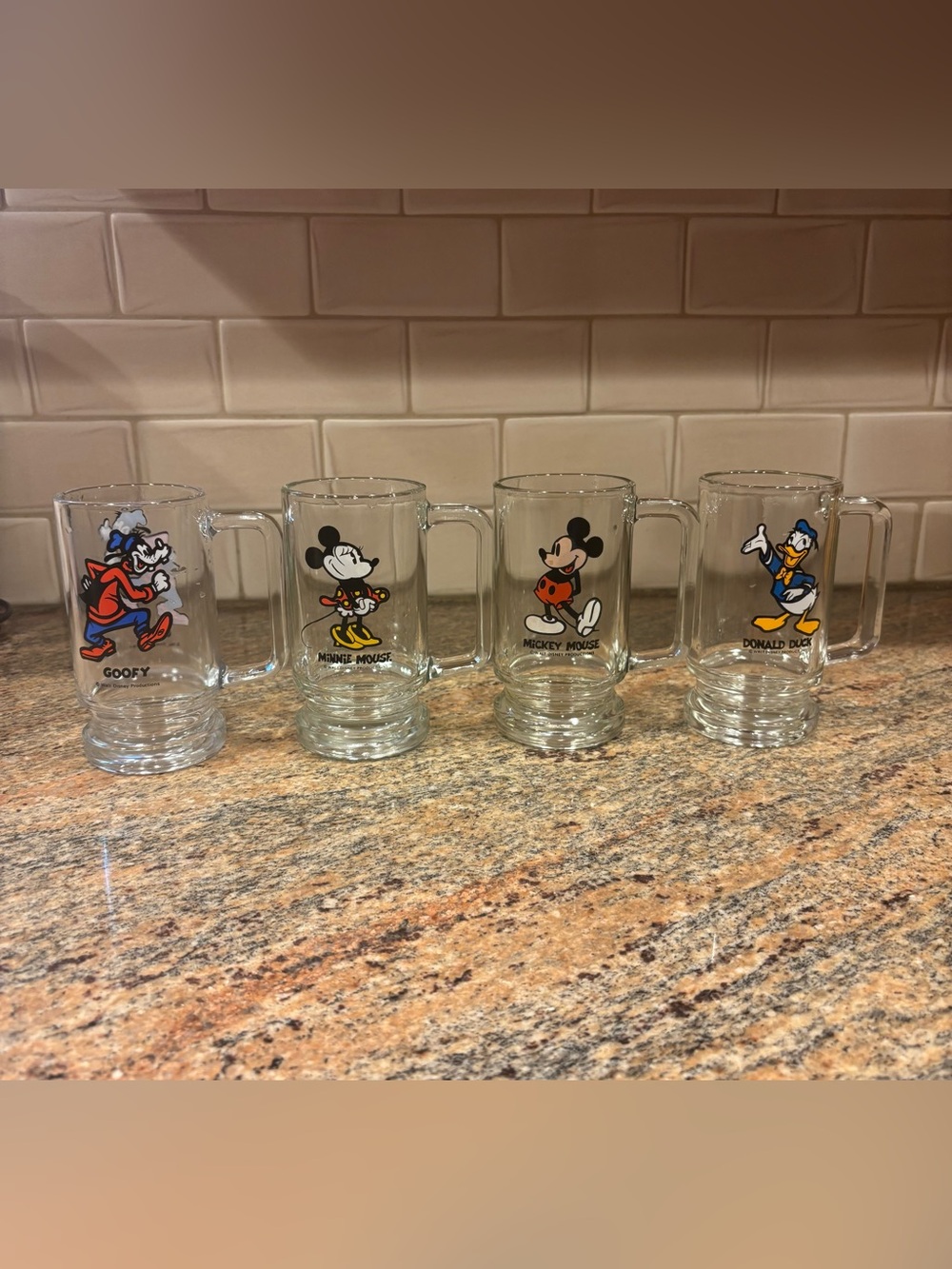 Walt Disney Productions Clear Glass Footed Mugs 12 oz Mickey Minnie Donald Goofy